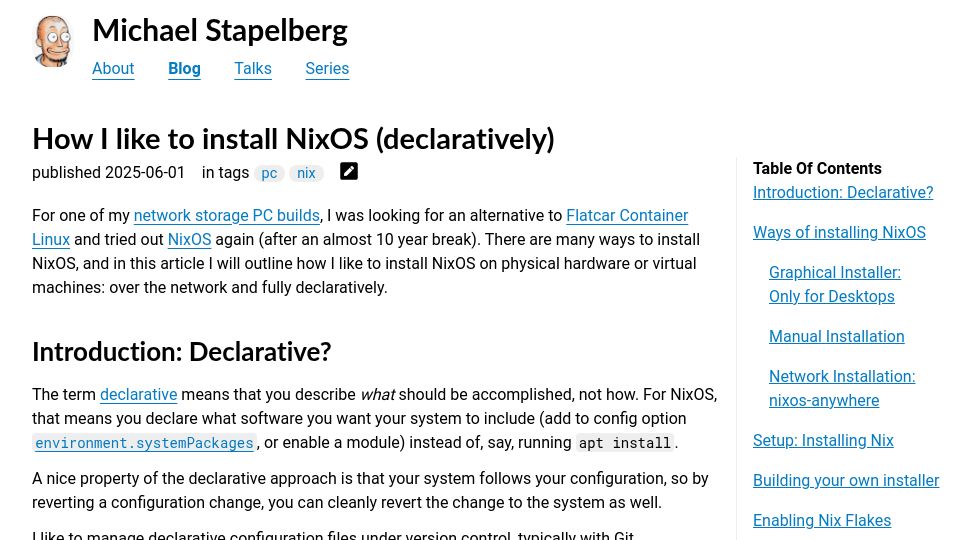 Screenshot of michael.stapelberg.ch: How I like to install NixOS (declaratively)