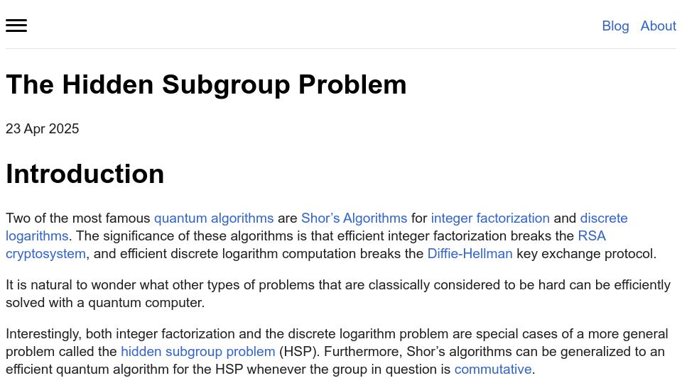 Screenshot of daniellowengrub.com: Quantum Computing and the Hidden Subgroup Problem
