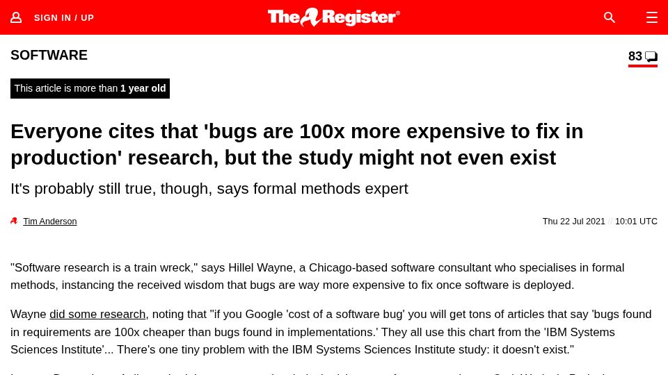 Screenshot of theregister.com: “Bugs are 100x more expensive to fix in production” study might not exist (2021)