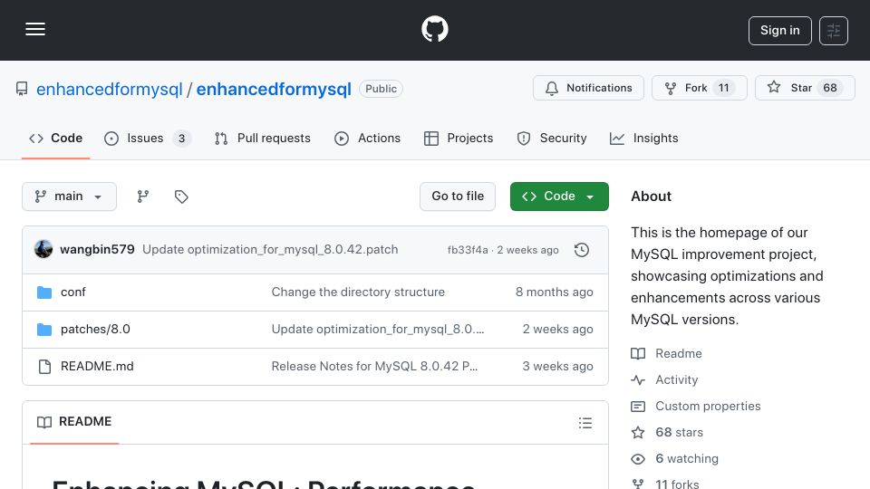 Screenshot of github.com: Enhancing MySQL: MySQL improvement project