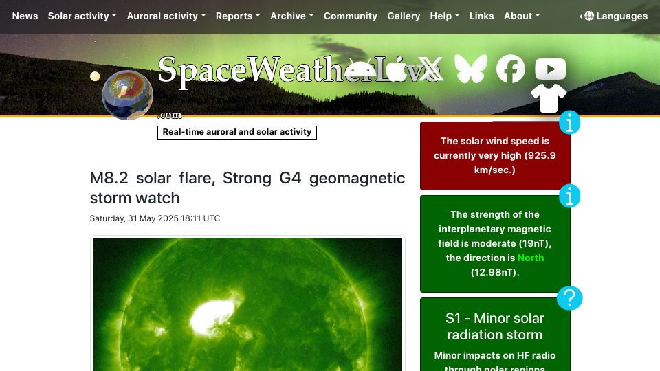 Screenshot of spaceweatherlive.com: M8.2 solar flare, Strong G4 geomagnetic storm watch