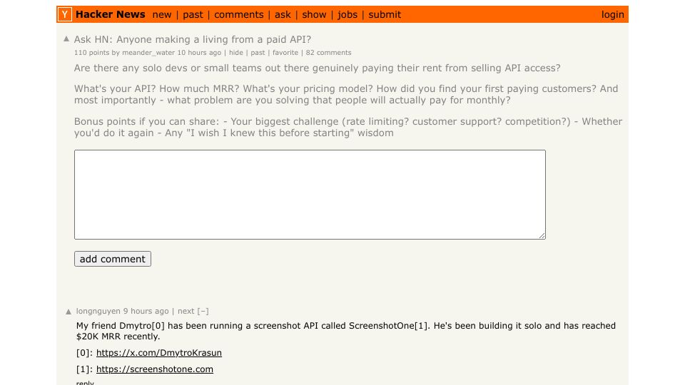 Screenshot of Hacker News post: Ask HN: Anyone making a living from a paid API?