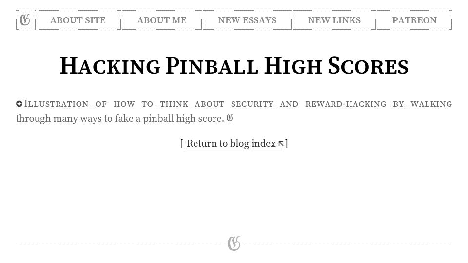 Screenshot of gwern.net: Hacking Pinball High Scores