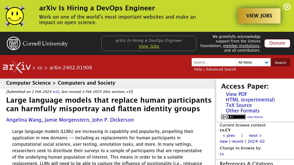 Screenshot of arxiv.org: LLMs replacing human participants harmfully misportray, flatten identity groups