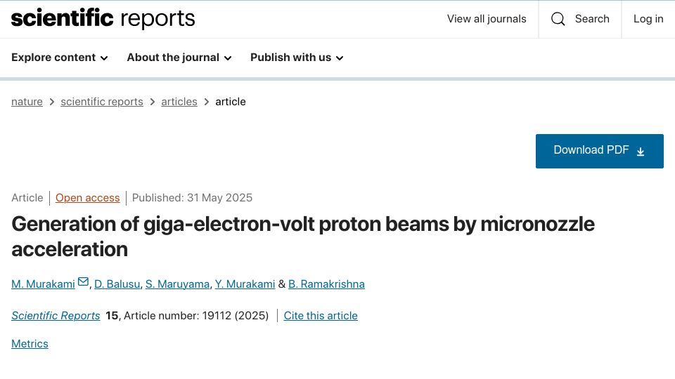 Screenshot of nature.com: Generation of giga-electron-volt proton beams by micronozzle acceleration