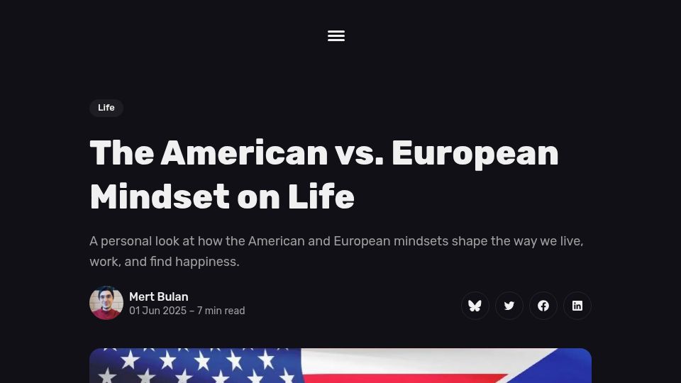 Screenshot of mertbulan.com: The American vs. European Mindset on Life