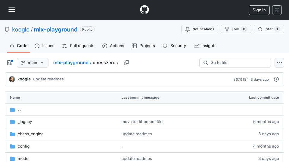Screenshot of github.com: Show HN: A Implementation of Alpha Zero for Chess in MLX