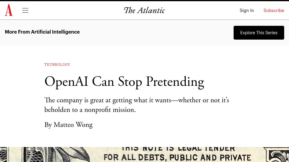 Screenshot of theatlantic.com: OpenAI can stop pretending