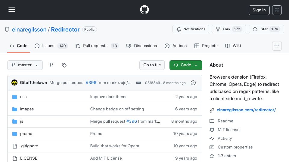 Screenshot of github.com: Browser extension (Firefox, Chrome, Opera, Edge) to redirect URLs based on regex