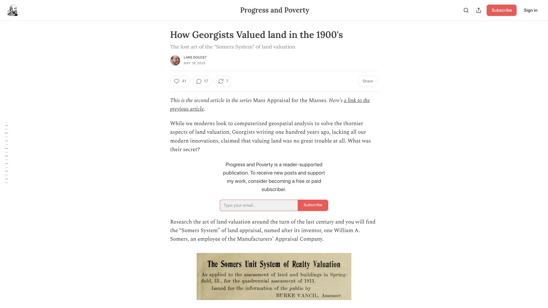 Screenshot of progressandpoverty.substack.com: How Georgists Valued land in the 1900's