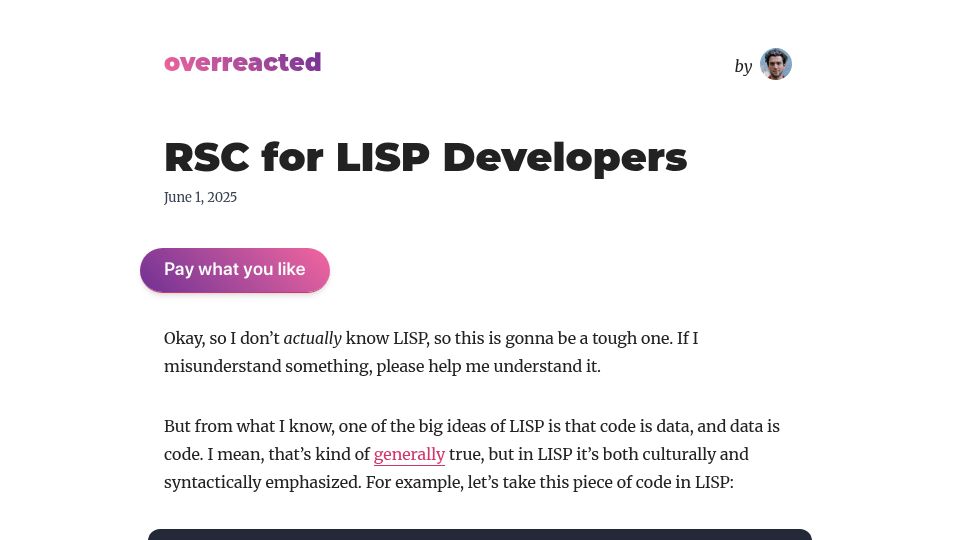 Screenshot of overreacted.io: RSC for Lisp Developers