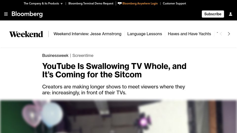 Screenshot of bloomberg.com: YouTube Is Swallowing TV Whole, and It's Coming for the Sitcom