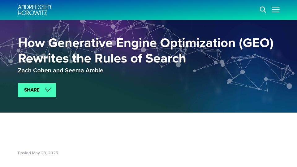 Screenshot of a16z.com: How Generative Engine Optimization (GEO) rewrites the rules of search