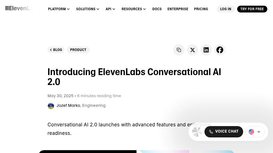 Screenshot of elevenlabs.io: Elevenlabs Conversational AI 2.0