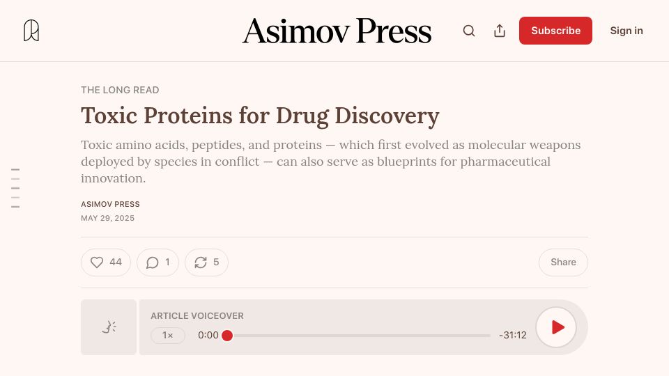 Screenshot of asimov.press: Toxic Proteins for Drug Discovery