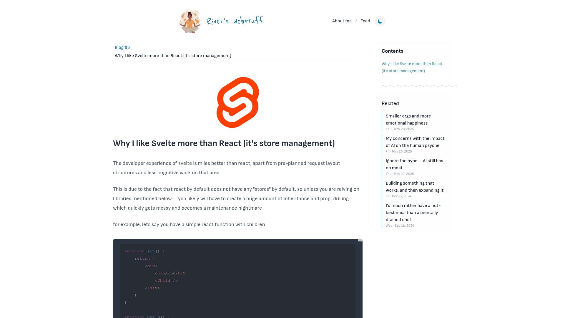 Screenshot of river.berlin: I like Svelte more than React (it's store management)
