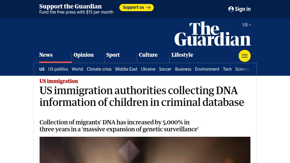 Screenshot of theguardian.com: US authorities are collecting DNA information of children in criminal database