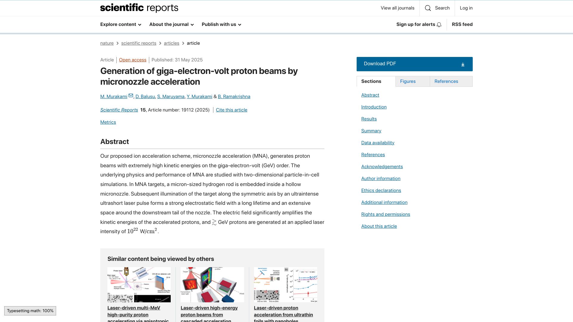 Screenshot of nature.com: Generation of giga-electron-volt proton beams by micronozzle acceleration