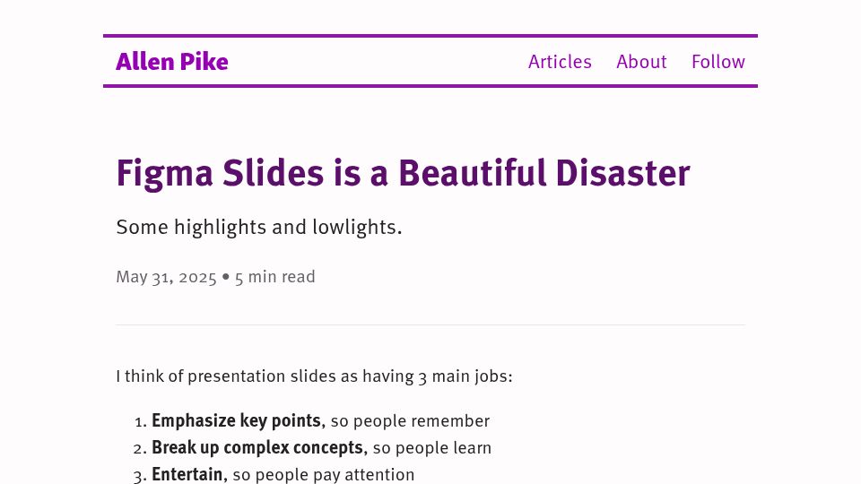 Screenshot of allenpike.com: Figma Slides Is a Beautiful Disaster
