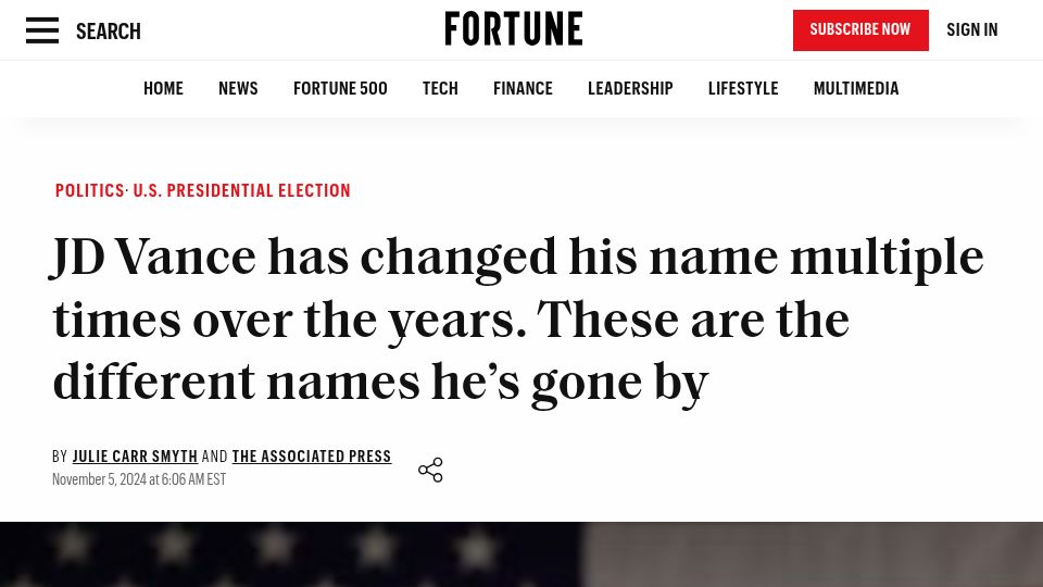Screenshot of fortune.com: JD Vance has changed his name multiple times over the years