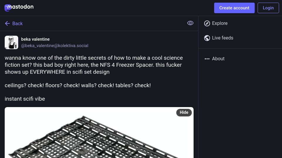 Screenshot of kolektiva.social: The NFS 4 Freezer Spacer In Science Fiction Sets