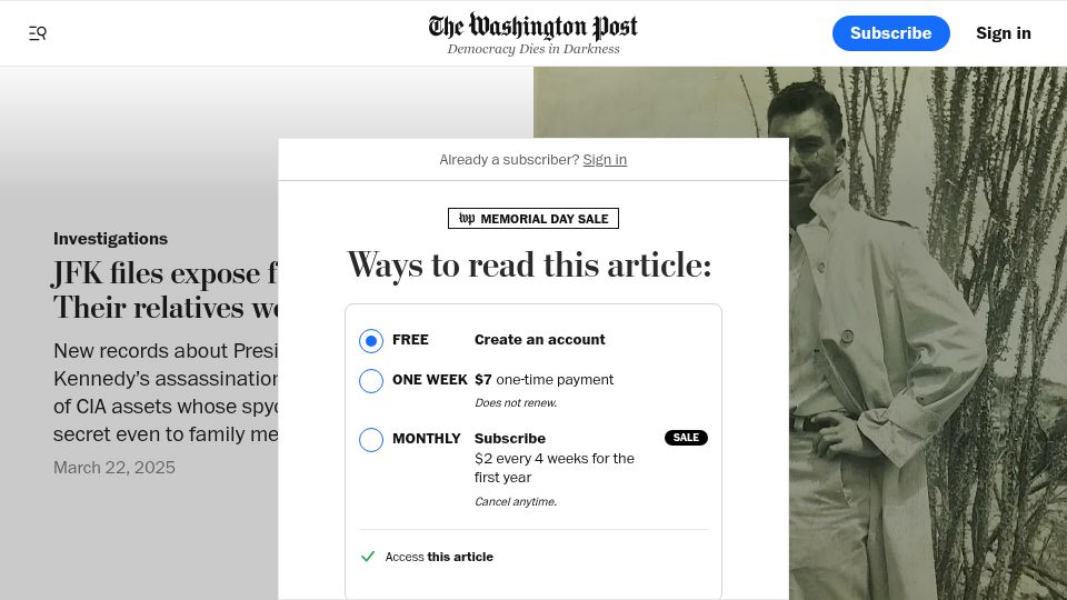 Screenshot of washingtonpost.com: JFK files expose family secrets: Their relatives were CIA assets