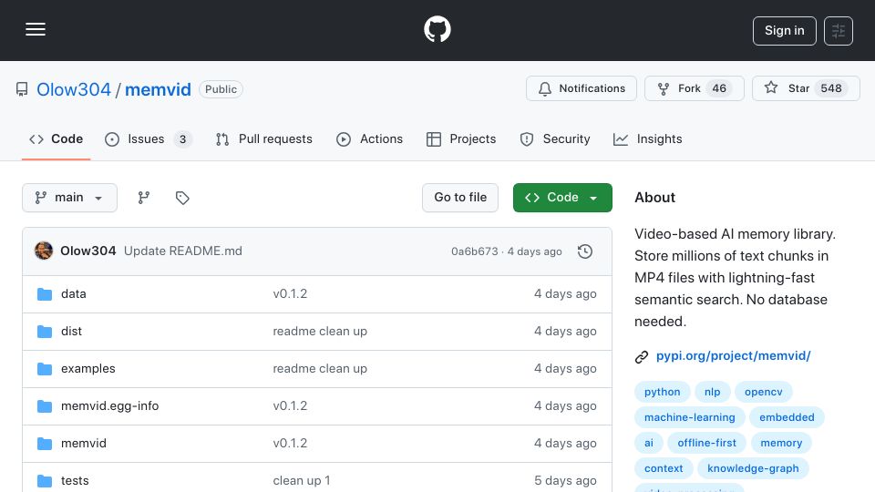 Screenshot of github.com: Show HN: I compressed 10k PDFs into a 1.4GB video for LLM memory