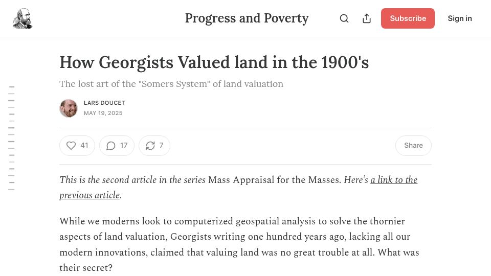 Screenshot of progressandpoverty.substack.com: How Georgists Valued land in the 1900's