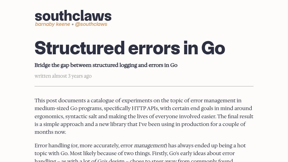 Screenshot of southcla.ws: Structured Errors in Go (2022)