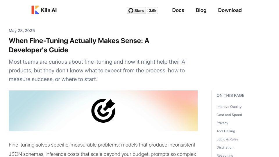 Screenshot of getkiln.ai: When Fine-Tuning Makes Sense: A Developer's Guide