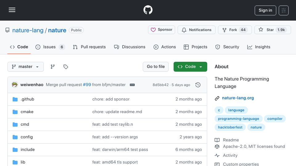 Screenshot of github.com: Show HN: A new programming language inspired by Go, no LLVM