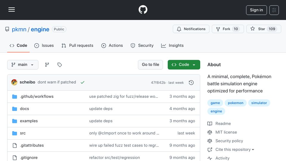 Screenshot of github.com: A Pokémon battle simulation engine