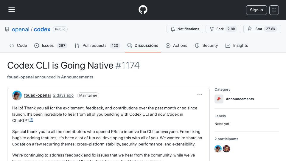 Screenshot of github.com: Codex CLI is going native