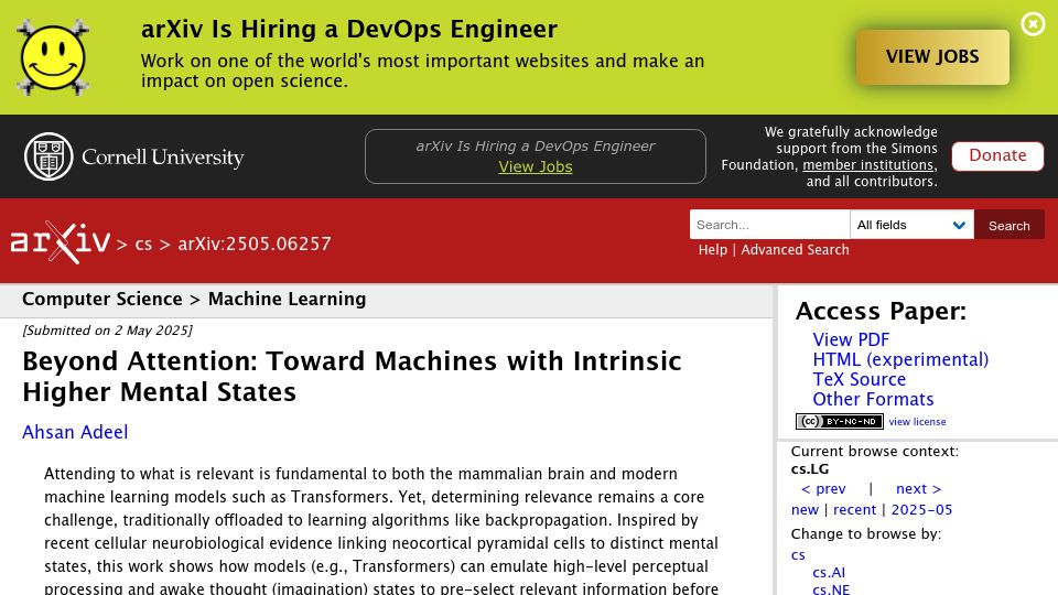 Screenshot of arxiv.org: Beyond Attention: Toward Machines with Intrinsic Higher Mental States