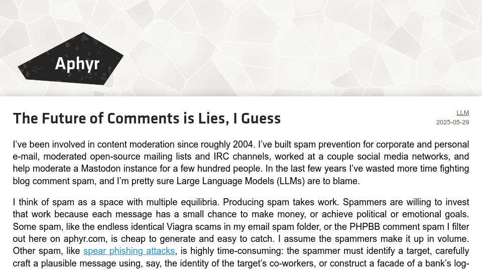 Screenshot of aphyr.com: The Future of Comments Is Lies, I Guess