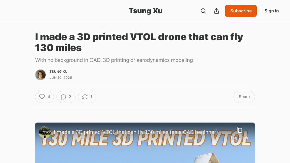 Screenshot of tsungxu.com: Show HN: I made a 3D printed VTOL drone