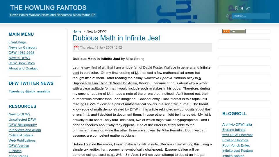 Screenshot of thehowlingfantods.com: Dubious Math in Infinite Jest (2009)