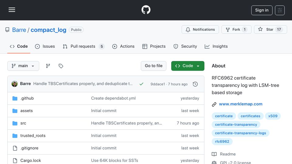 Screenshot of github.com: CompactLog – Solving CT Scalability with LSM-Trees