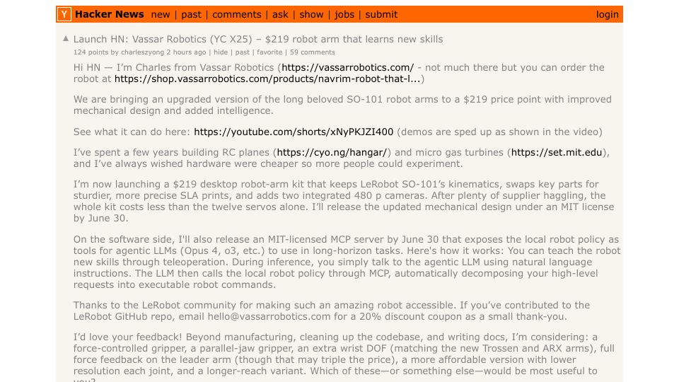 Screenshot of Hacker News post: Launch HN: Vassar Robotics (YC X25) – $219 robot arm that learns new skills