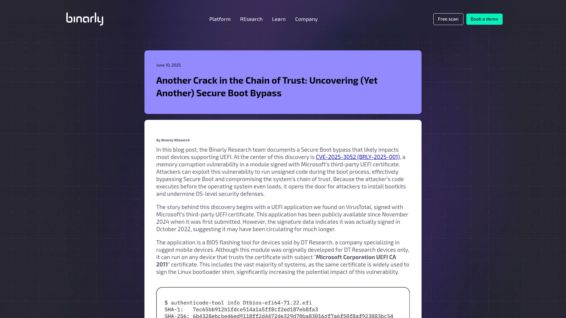 Screenshot of binarly.io: Another Crack in the Chain of Trust: Uncovering (Yet Another) Secure Boot Bypass