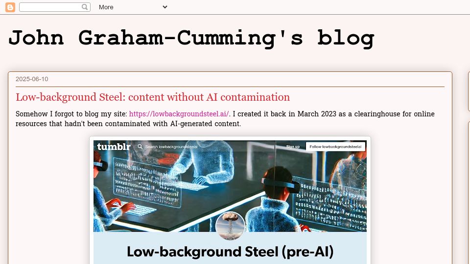 Screenshot of blog.jgc.org: Low-background Steel: content without AI contamination