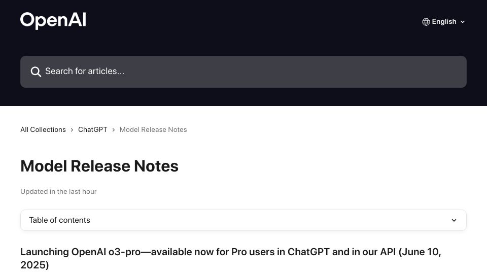 Screenshot of help.openai.com: OpenAI o3-pro