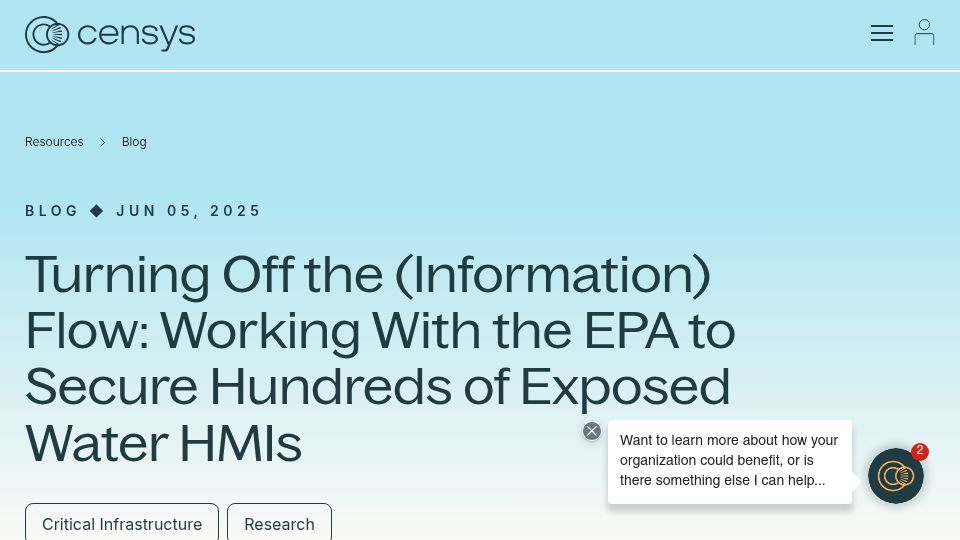 Screenshot of censys.com: Working with the EPA to Secure Exposed Water HMIs