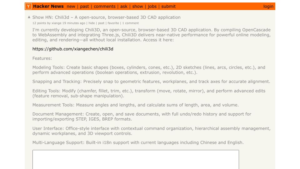 Screenshot of Hacker News post: Show HN: Chili3d – A open-source, browser-based 3D CAD application