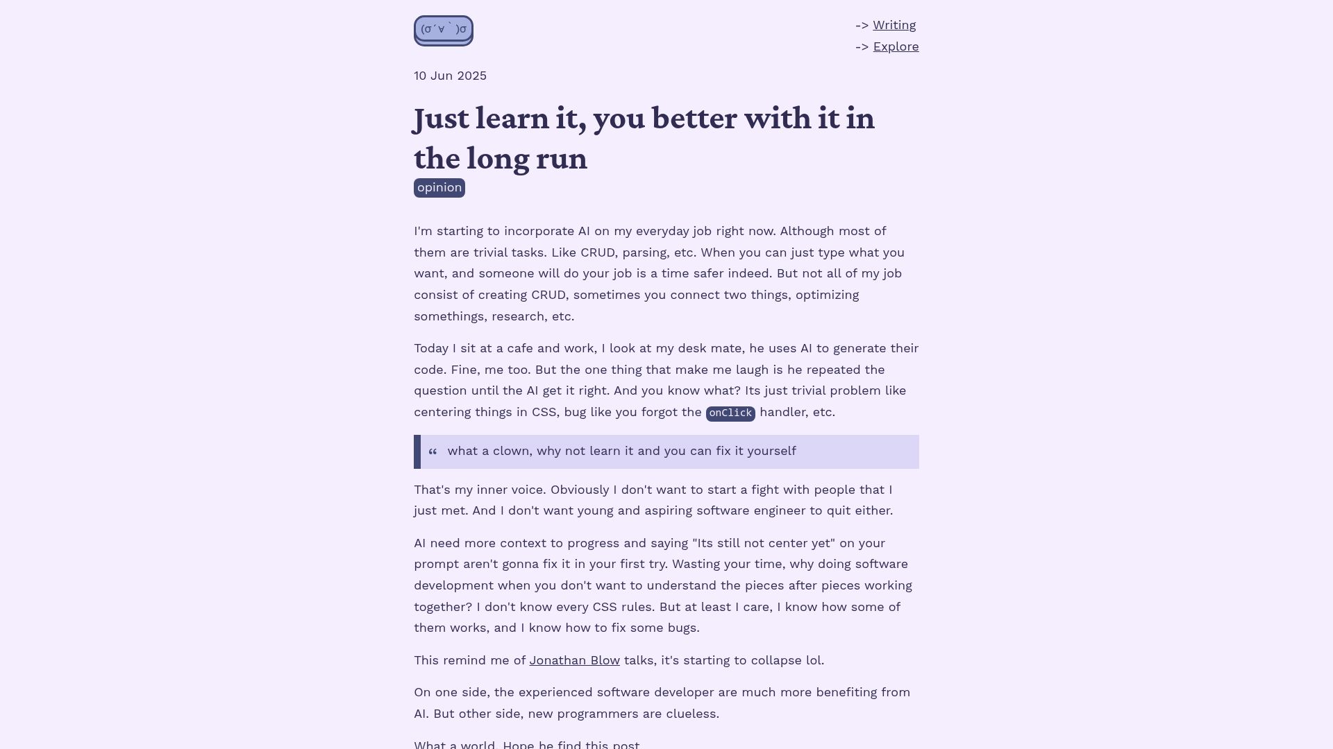 Screenshot of mandaputtra.id: How to not use AI to code for you