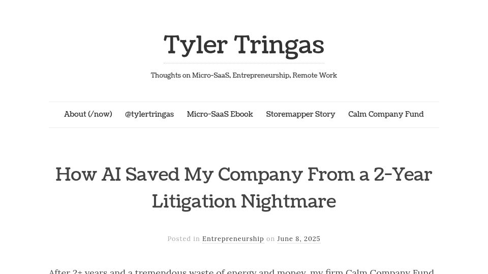 Screenshot of tylertringas.com: AI Saved My Company from a 2-Year Litigation Nightmare