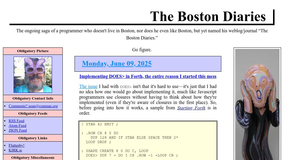 Screenshot of boston.conman.org: Implementing DOES> in Forth, the entire reason I started this mess