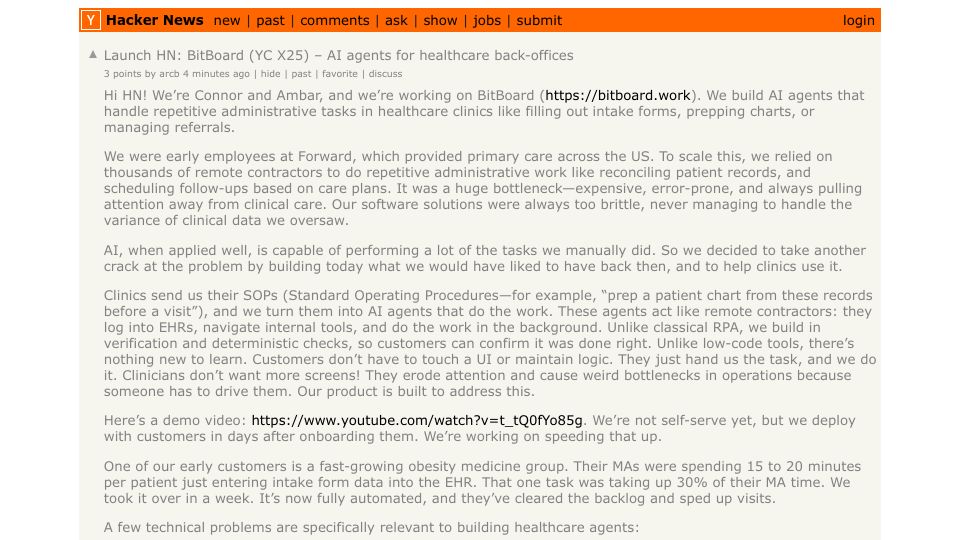 Screenshot of Hacker News post: Launch HN: BitBoard (YC X25) – AI agents for healthcare back-offices