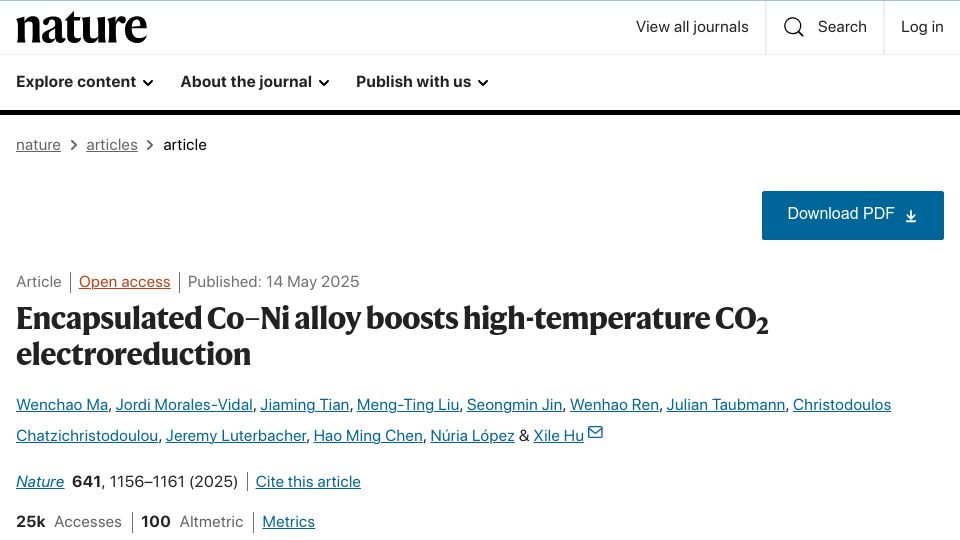 Screenshot of nature.com: Encapsulated Co–Ni alloy boosts high-temperature CO2 electroreduction