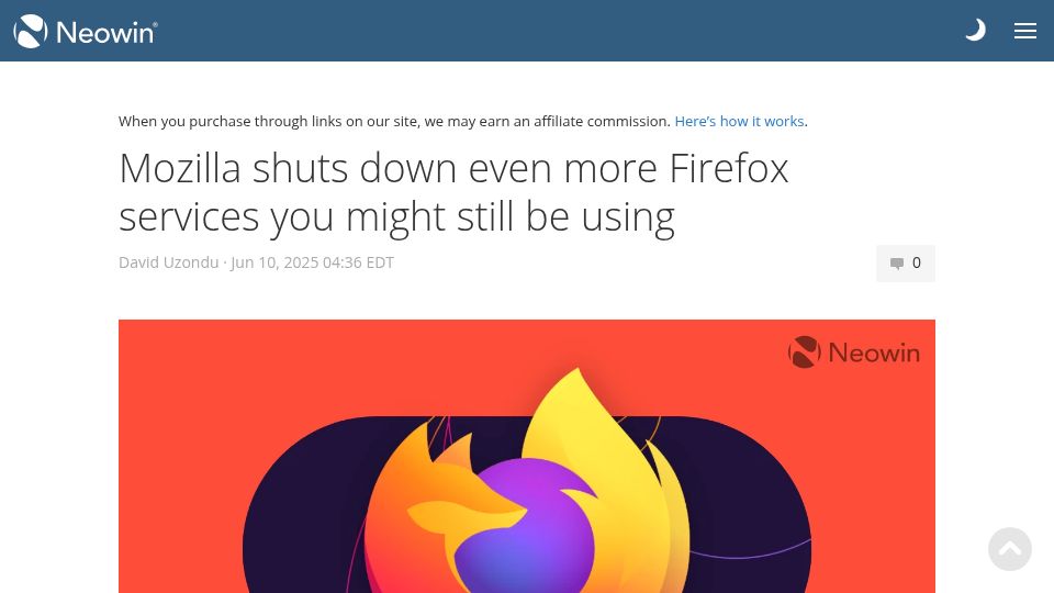 Screenshot of neowin.net: Mozilla shuts down even more Firefox services